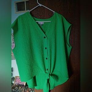 Calvin Klein Woman's Green Textured Button Front Tie Top, 2X, NWOT